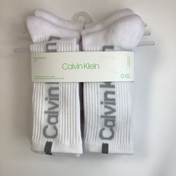 Calvin Klein Boys Socks 6 Pair White Crew Half Cushion Small 4-7 Shoe 10-13 - Picture 1 of 8